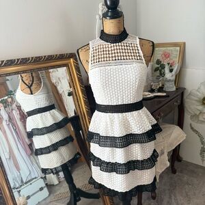 Black and White Crochet Ruffled Mini Dress